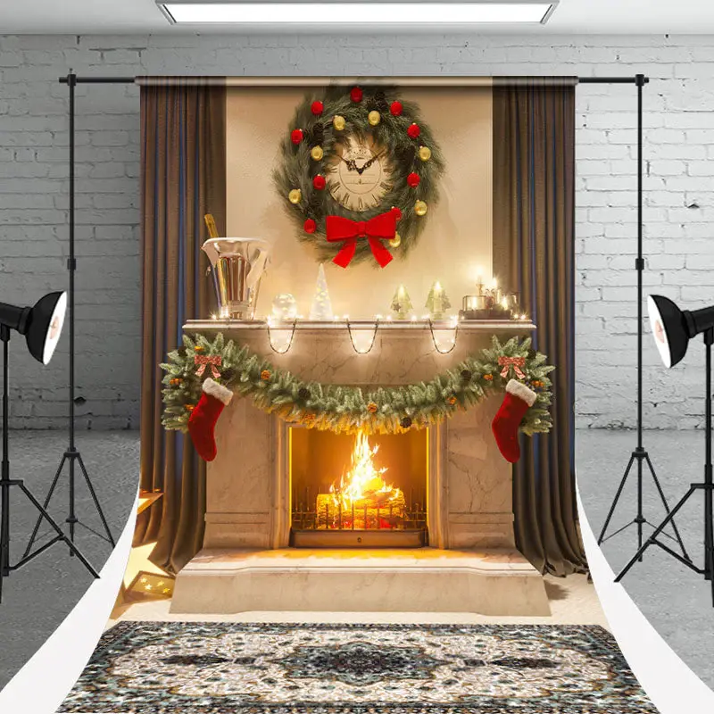 Fireplace Wreath Curtain Christmas Sweep Backdrop - Aperturee