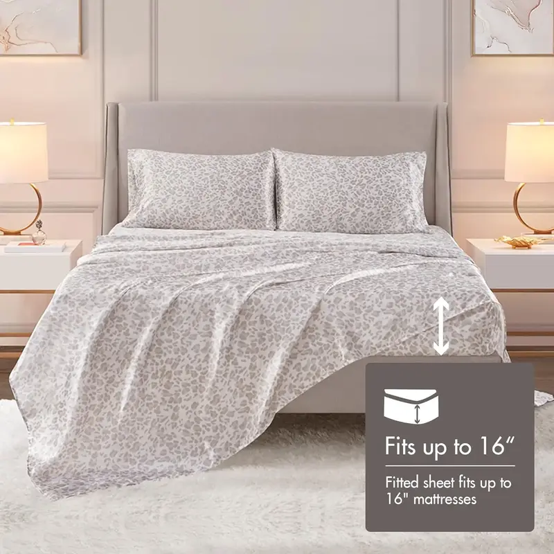 Madison Park 4 Piece Leopard Printed Satin Sheet Set (1*Flat Sheet + 1* Fitted Sheet + 2*Pillowcases), Luxury And Silky With ...