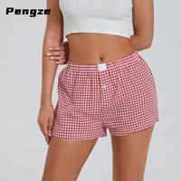 Women’s Plaid Print Shorts Elastic Low Waist Button Front Lounge Shorts Boxers Streetwear