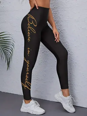 Women's Letter Print High Waist Sports Leggings, Sporty Seamless Wide Waistband Skinny Pants, Ladies Sportswear for Yoga Gym...