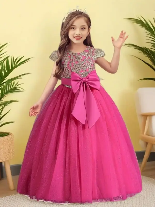 Girl's Floral & Leaf Embroidery Contrast Sequin Bow Decor Tulle Formal Dress, Elegant Zipper Back Fit & Flare Tutu Dress for...