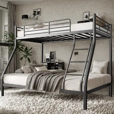 Metal Bunk Bed Twin Over Full Size with Ladder & Guardrail, Metal Bed Frame for Teens Adults, Heavy Duty Sturdy Bunk Beds, Bl...