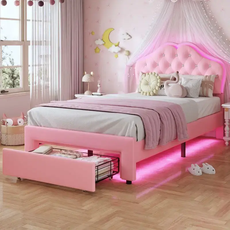 Sikaic Twin Size Velvet Princess Platform LED Bed with Storage Drawers and Adjustable Crystal Button Headboard Pink Comfortab...