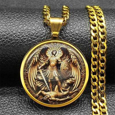 304 Stainless Steel Glass Flat Round with Archangel Michael Pendant Necklaces for Women