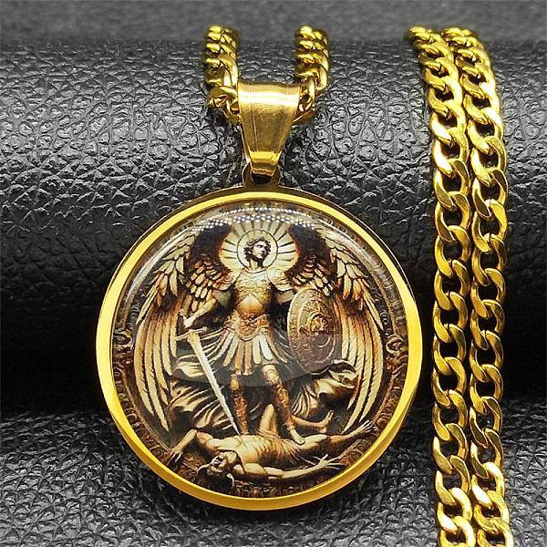 304 Stainless Steel Glass Flat Round with Archangel Michael Pendant Necklaces for Women