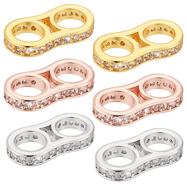 6Pcs 3 Colors Brass Pave Clear Cubic Zirconia Connector Charms
