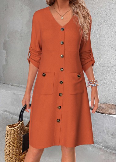 Modlily Terracotta Button A Line Long Sleeve V Neck Dress - M