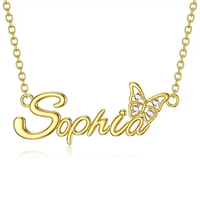 18K Gold Crystal & Personalized Classic Name Butterfly Necklace for Women