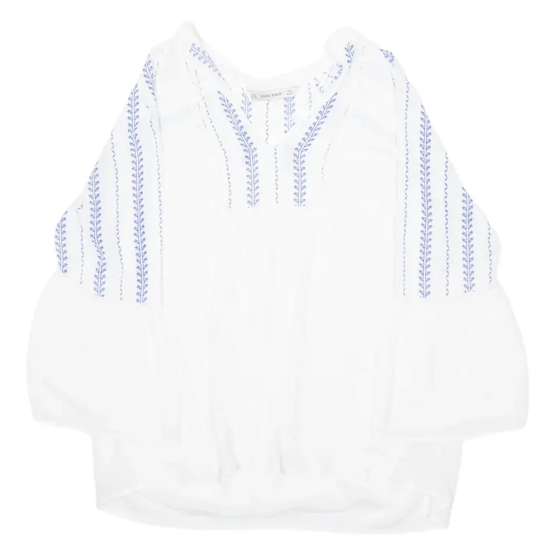 ZARA BASIC Womens Blouse White V-Neck Long Sleeve Floral XS