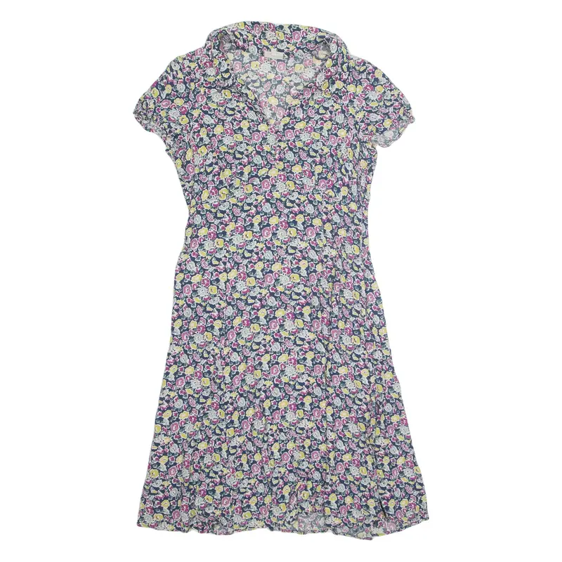 EAST Womens Day Dress Blue Viscose Floral Short Sleeve Midi UK 12