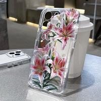 Pink Lily TPU Pattern Phone Case for iPhone 15 16 14 Pro Max 13 12 11 XR XS Plus Non-Yellowing Clear Crystal Drop-proof Prote...