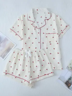 Two Counts Women's Cherry/Heart/Floral Print Lapel Pocket Shirt & Bow Decor Shorts Pyjama Set, Button Front Short Sleeve Top...
