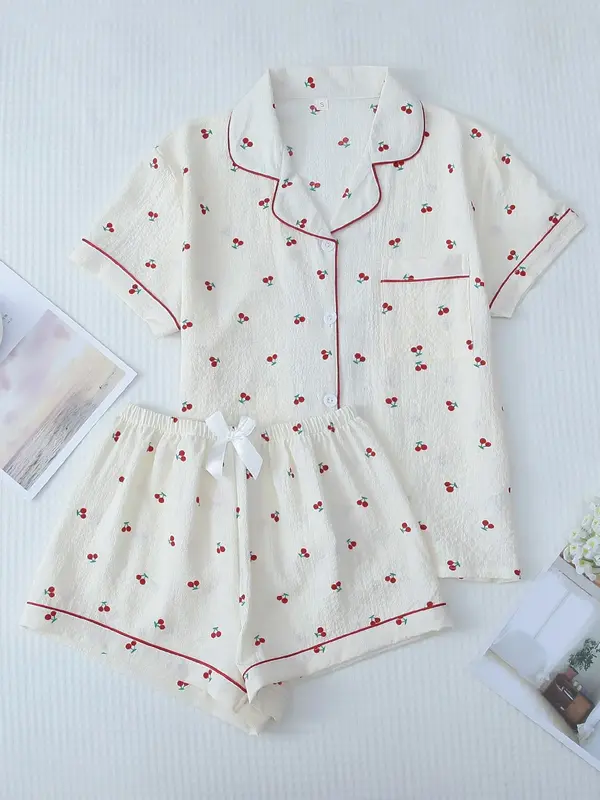 Two Counts Women's Cherry/Heart/Floral Print Lapel Pocket Shirt & Bow Decor Shorts Pyjama Set, Button Front Short Sleeve Top...