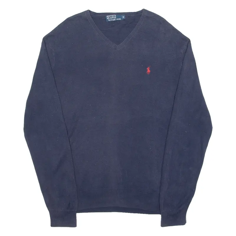 POLO RALPH LAUREN Mens Jumper Blue V-Neck Tight Knit M