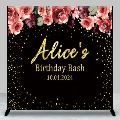 Custom Pink Floral Black Birthday Party Backdrop - Aperturee