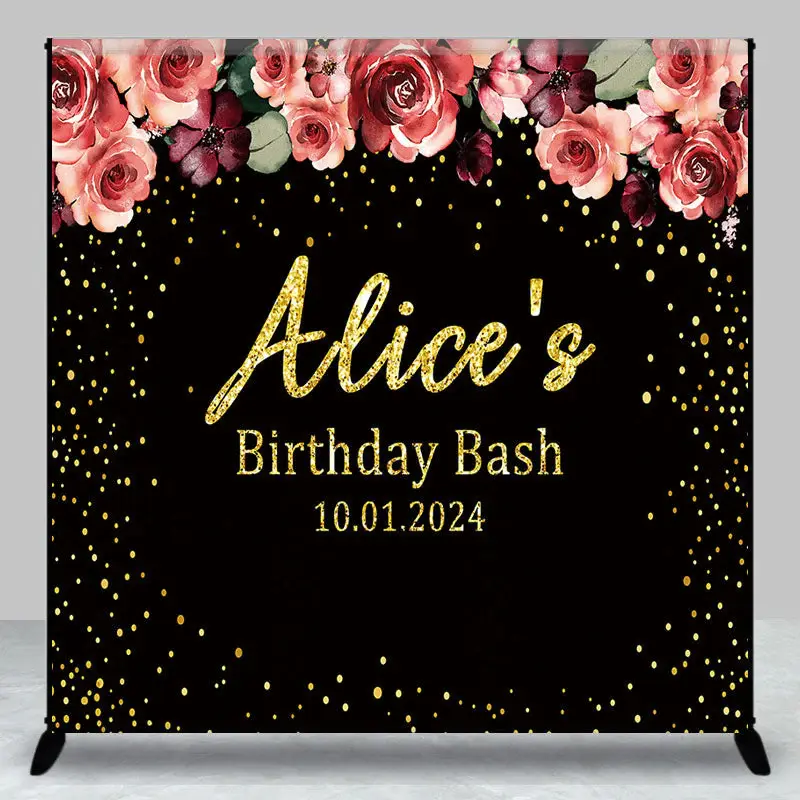 Custom Pink Floral Black Birthday Party Backdrop - Aperturee