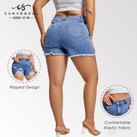 【Plus Size】Curvesoul Summer Versatile Blue Ripped Raw Cut Stretchy Trendy Casual Wear Denim Shorts Button & Zipper Minima...