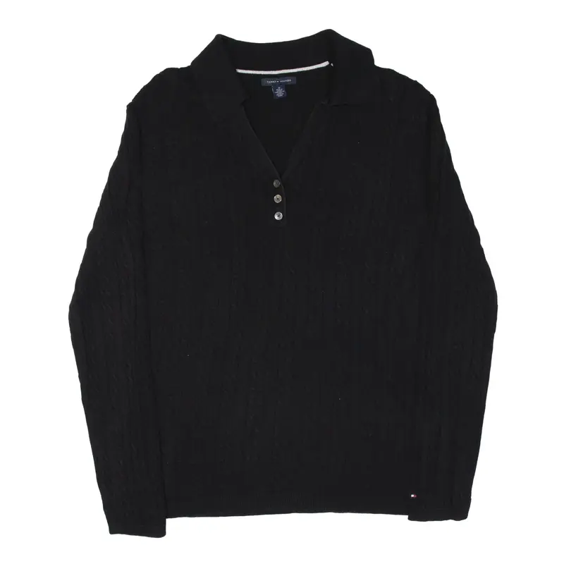TOMMY HILFIGER Jumper Black Cable Knit Collared Womens M