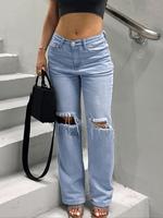 Women's Plain Ripped Button Fly Denim Jeans, Basic Fashion Casual Fitted Drop Waist Straight Leg Jeans for Daily Wear, Street...