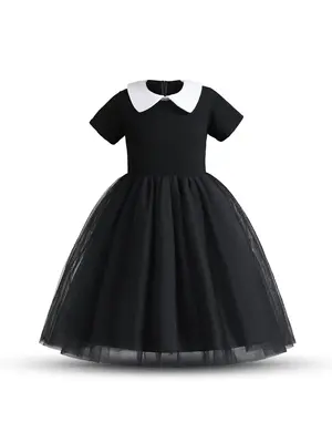 Girl's Colorblock Role Play Costume Tulle Dress, Elegant Short Sleeve Collared A Line Dress for Party Holiday, Kids Clothes f...