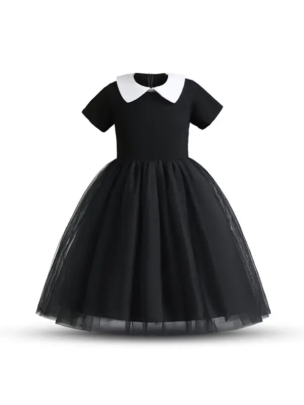 Girl's Colorblock Role Play Costume Tulle Dress, Elegant Short Sleeve Collared A Line Dress for Party Holiday, Kids Clothes f...