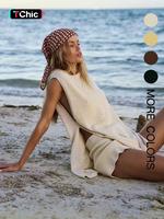 Women's Solid Color Round Neck Sweater Tank Top & Shorts Two-piece Set, Casual Sleeveless Top & Shorts for Beach Vacation, La...