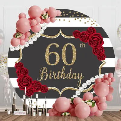Black White Stripe Rose Round 60th Birthday Backdrop