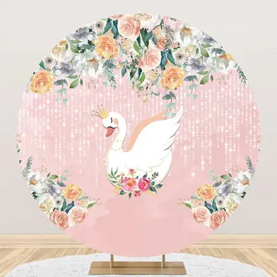 Pink Floral Leaves Swan Round Backdrop For Birthday - Aperturee