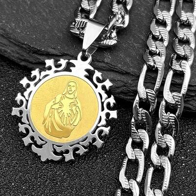 Flat Round with Virgin Pattern 304 Stainless Steel Pendant Necklaces for Men Women