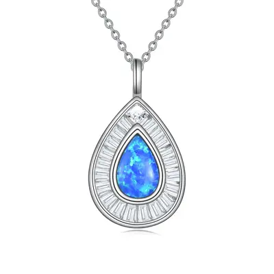 Sterling Silver Opal Drop Shape Pendant Necklace