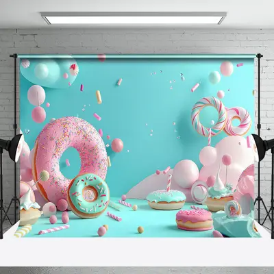 Blue Pink Candyland Donuts Backdrop For Cake Smash
