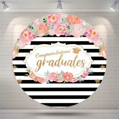 Aperturee Pink Floral Stripes Circle Congrats Grad Backdrop | Diy Graduation Photo Backdrop | Diy Graduation Backdrop | Gradu...