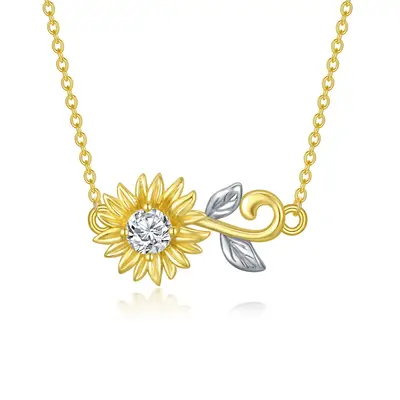 14K Gold Circular Shaped Cubic Zirconia Sunflower Pendant Necklace