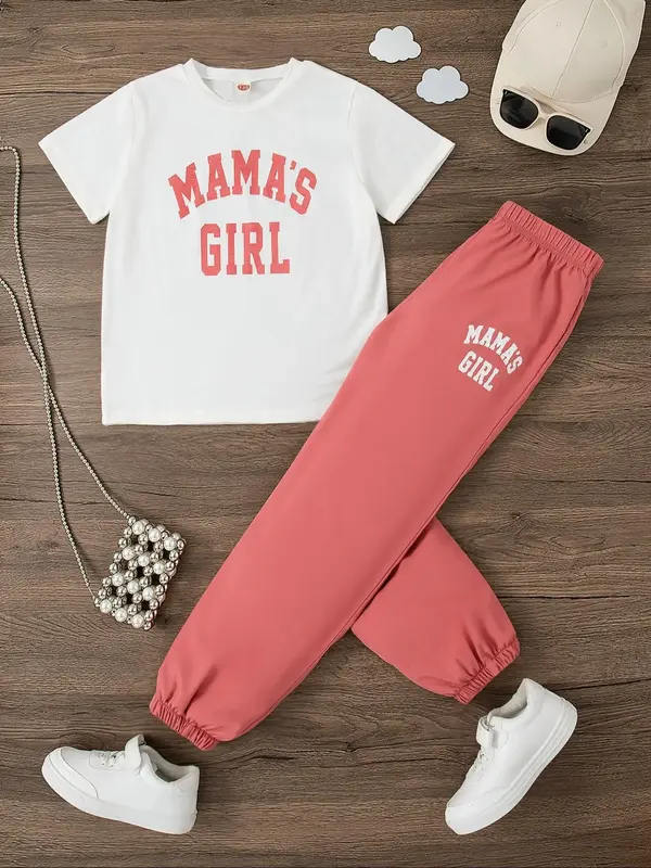 Girl's Letter Print Top & Elastic Waist Sweatpants Set, Casual Fashion Round Neck Short Sleeve Top & Jogger Pants, Summer Cl...