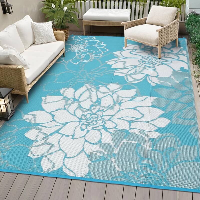 Garvee Large Outdoor Rug 9x18 Waterproof Reversible Floral Design Plastic Straw Foldable UV Resistant with Stakes for Patio D...