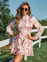 women S floral print summer dress - polyester vacation style withstand collar and lettuce trim, fitted woven dress for spring...