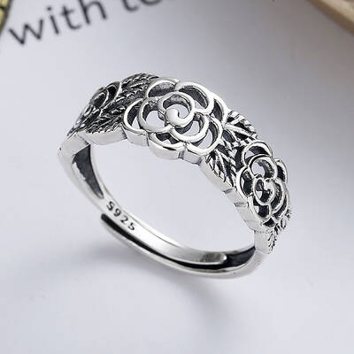 Hollow Out Rose 925 Sterling Silver Adjustable Finger Rings for Women