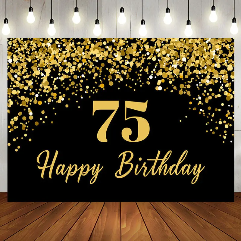 Aperturee Simple Black Gold Dots Happy 75th Birthday Backdrop - Aperturee