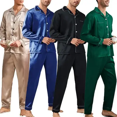 Men's Long Sleeve Soft Satin 2 Piece Pajamas Sleepwear Button Down Pjs Set Classic Loungewear