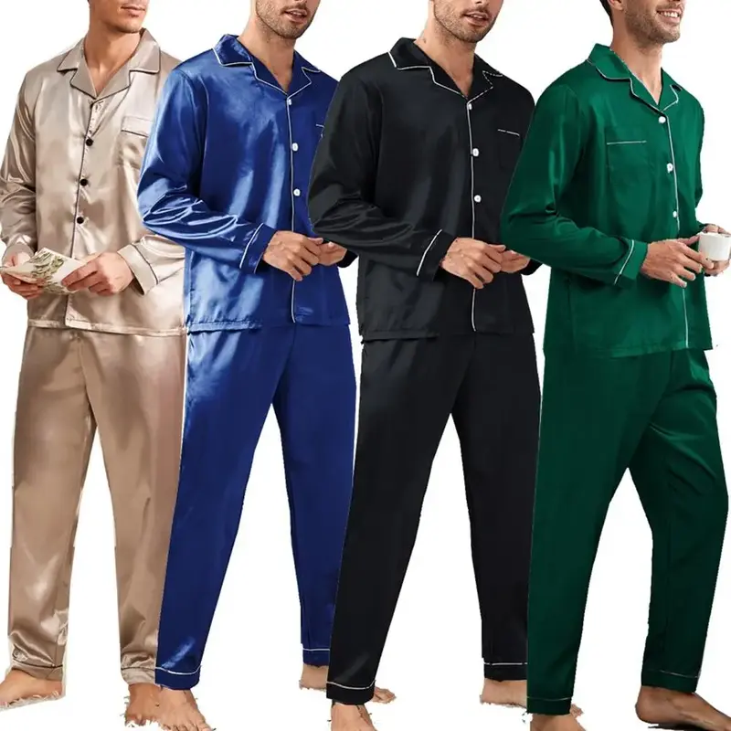 Men's Long Sleeve Soft Satin 2 Piece Pajamas Sleepwear Button Down Pjs Set Classic Loungewear