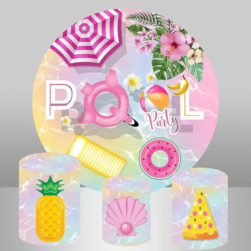 Aperturee Pink Pool Flower Swimming Round Happy Birthday Backdrop | Birthday Backdrop Ideas | Birthday Round Backdrop Cover |...