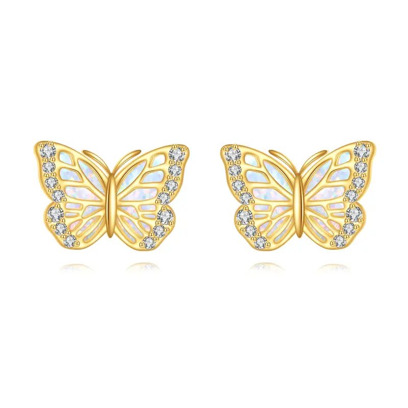 14K Gold Cubic Zirconia & Opal Butterfly Stud Earrings