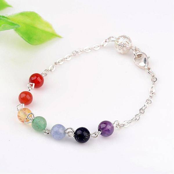 Chakra Jewelry Natural Gemstone Round Bead Link Bracelets