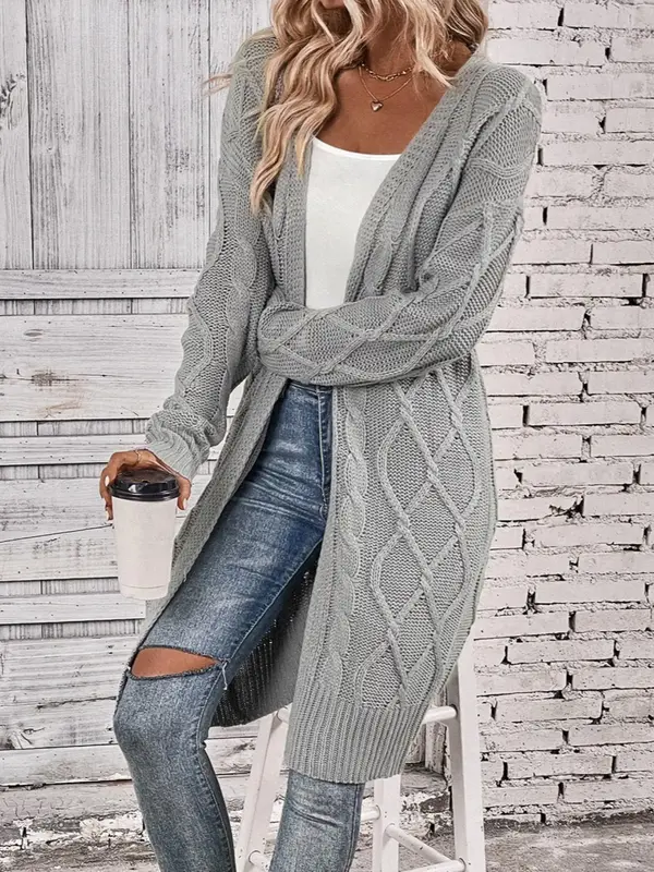 Women's Comfortable Plain Comfort Chunky Cable Open Front Long Cardigan, Basic Minimalist Womenswear, Elegant Classy Casual D...