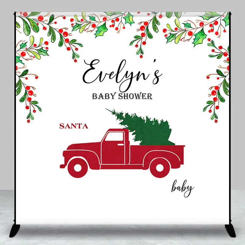 Red Truck Xmas Tree Custom Name Baby Shower Backdrop - Aperturee