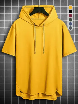 Men's Plain Regular Fit Short Sleeve Drawstring High Low Hem Hooded T-shirt, Casual Lounge Tee with Hood, Pullover, Summer Cl...