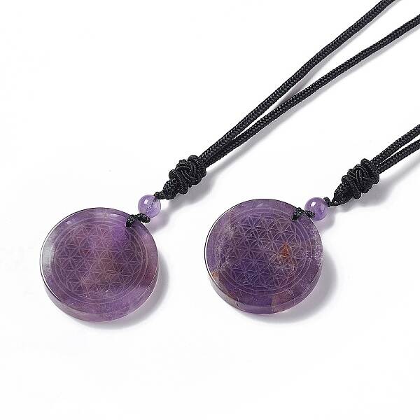 Natural Amethyst Flat Round with Flower of Life Pendant Necklace with Nylon Cord for Women