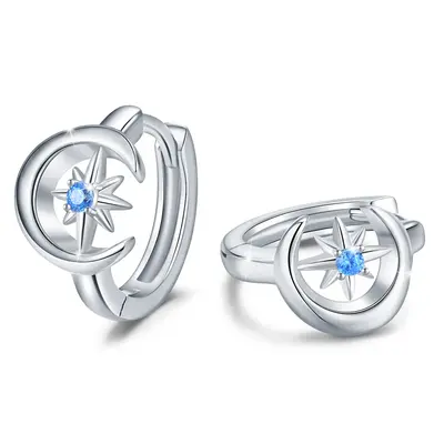 Sterling Silver Cubic Zirconia Moon & Star Hoop Earrings