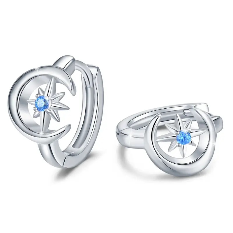 Sterling Silver Cubic Zirconia Moon & Star Hoop Earrings