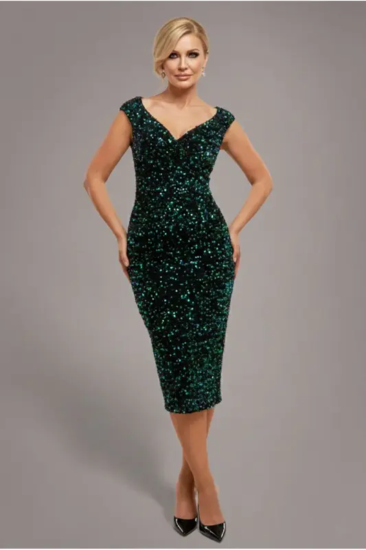 Goddiva Multi Sequin & Velvet Bardot Midi - Emerald Green